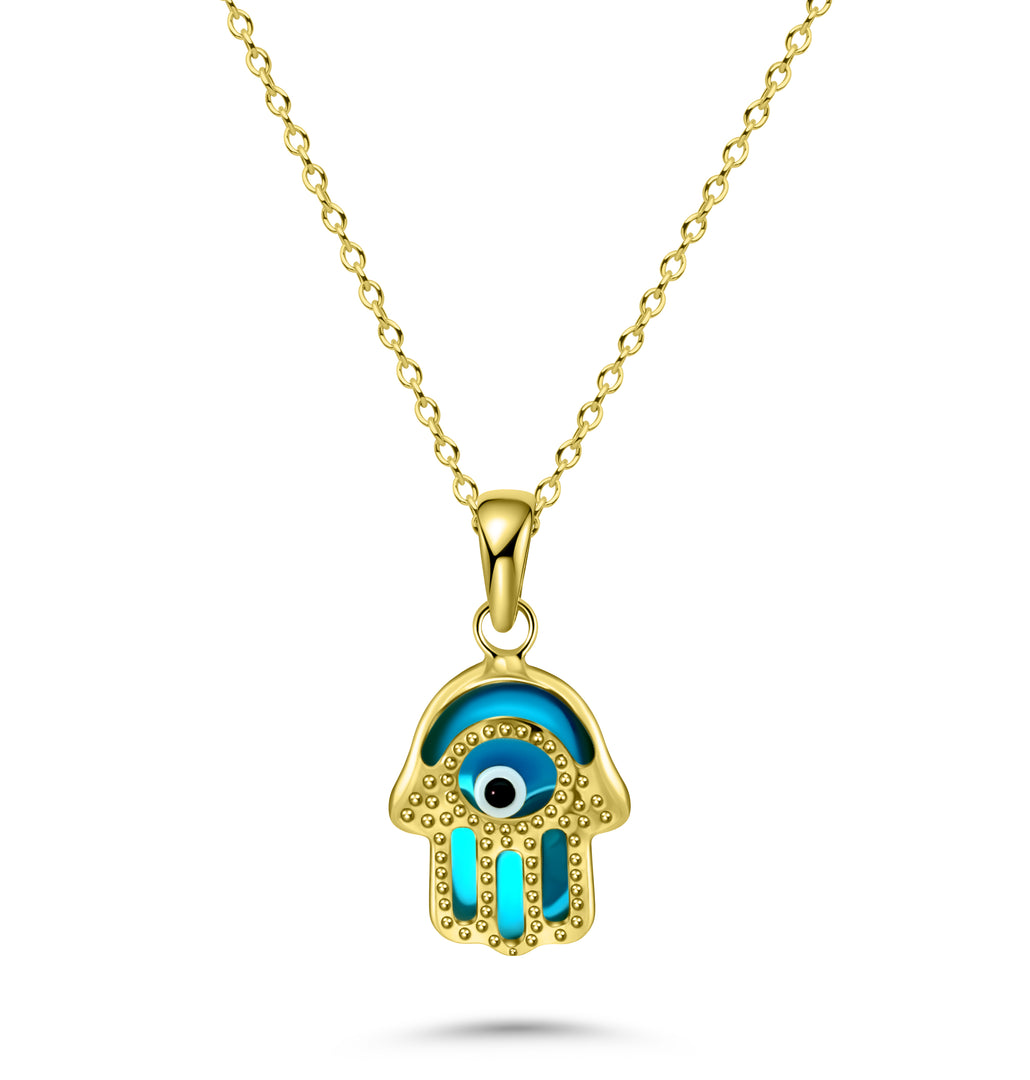 HERSHE, Blue Evil Eye Hamsa Necklace in 14 Karat Solid Gold