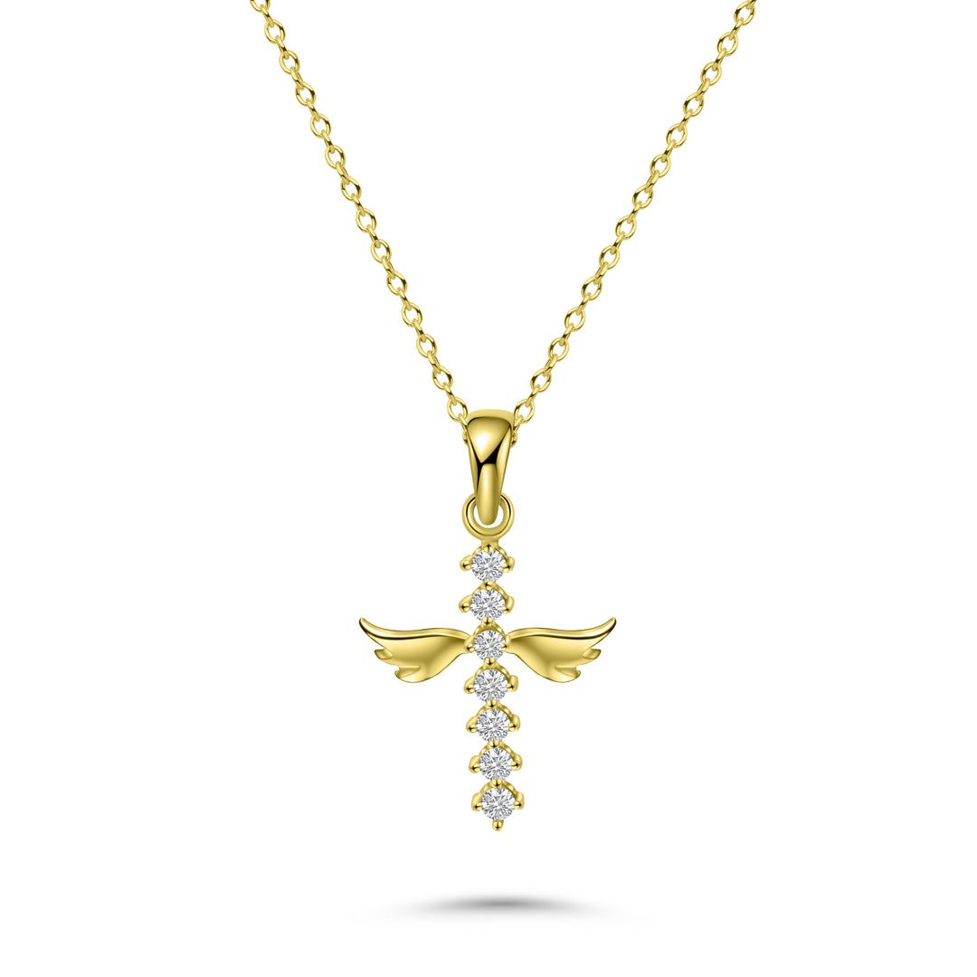 HERSHE, Angel Cross Pendant Necklace in 14 Karat Gold.