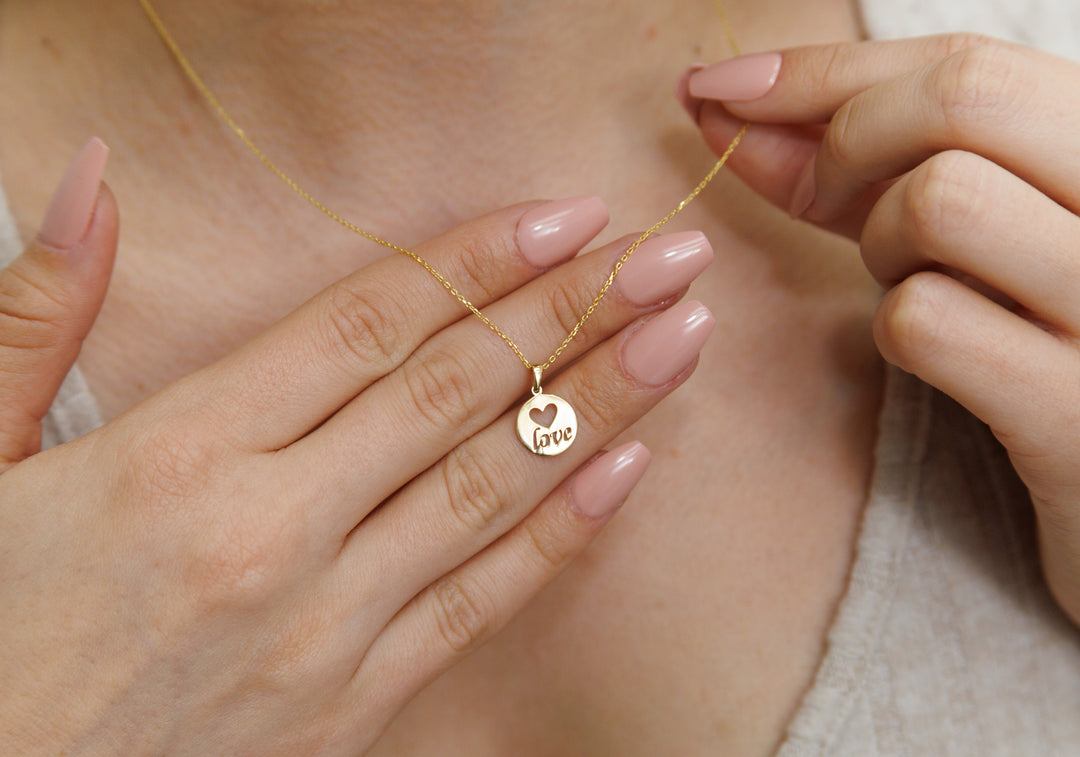 HERSHE, 14 Karat Gold " Love " Disc Pendant Necklace