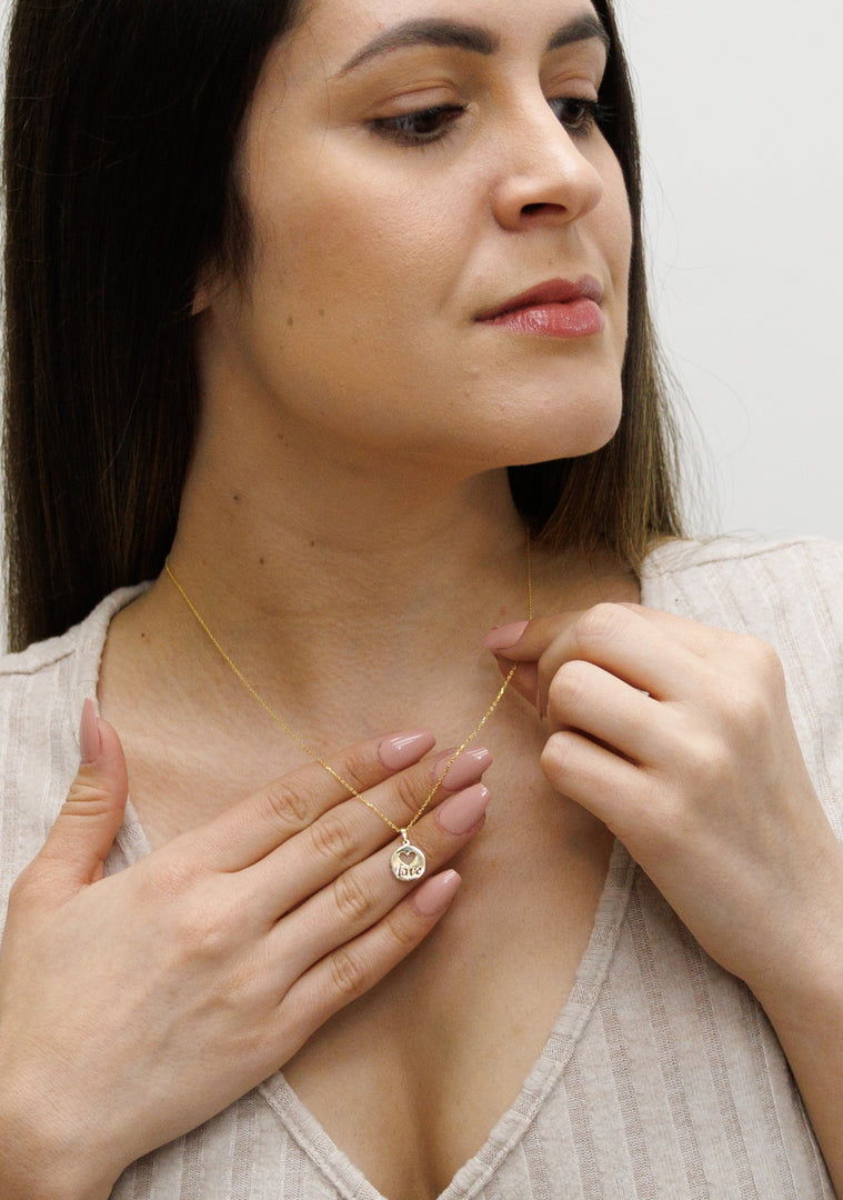 HERSHE, 14 Karat Gold " Love " Disc Pendant Necklace.