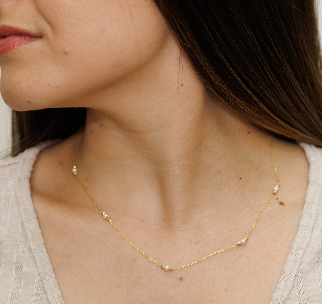 HERSHE, Pearl Beads Station Necklace in 14 Karat Gold