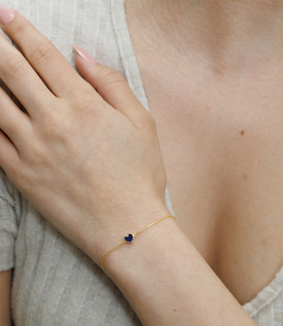 HERSHE, Blue Enamel Heart Bracelet in 14 K Solid Gold