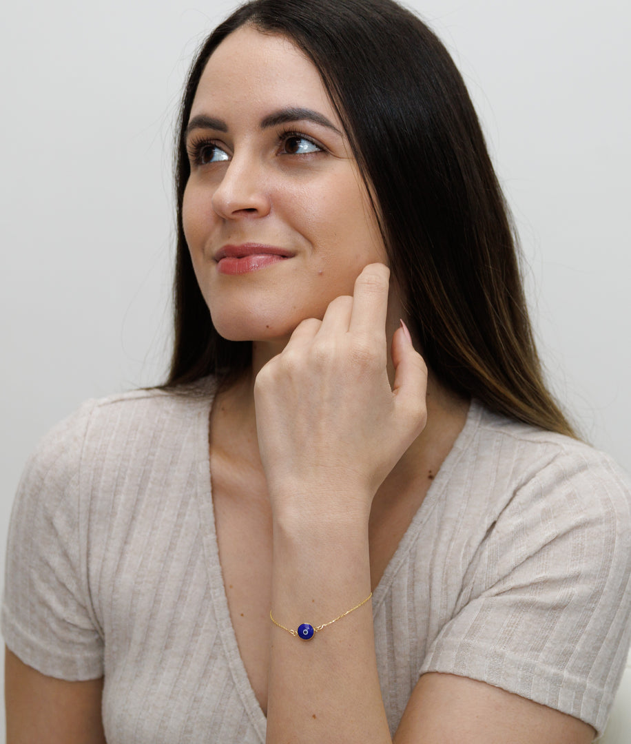 HERSHE, 14 Karat Gold Dark Blue Evil Eye Bracelet