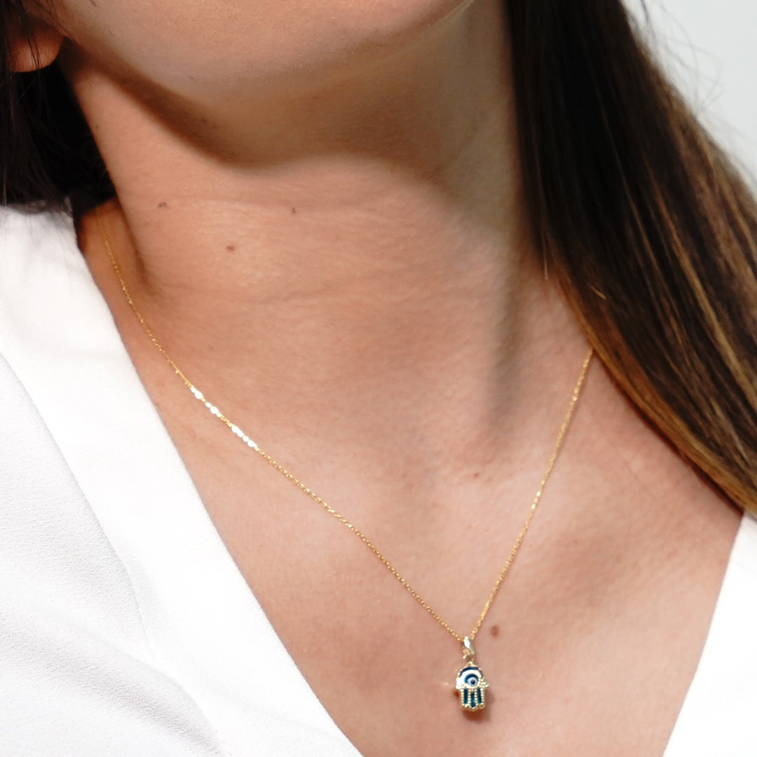 HERSHE, Blue Evil Eye Hamsa Necklace in 14 Karat Solid Gold