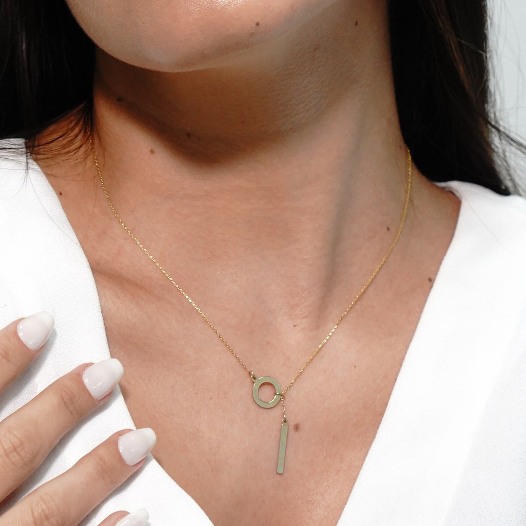 HERSHE, Circle Lariat Necklace with Dropping Bar in 14 Karat Gold