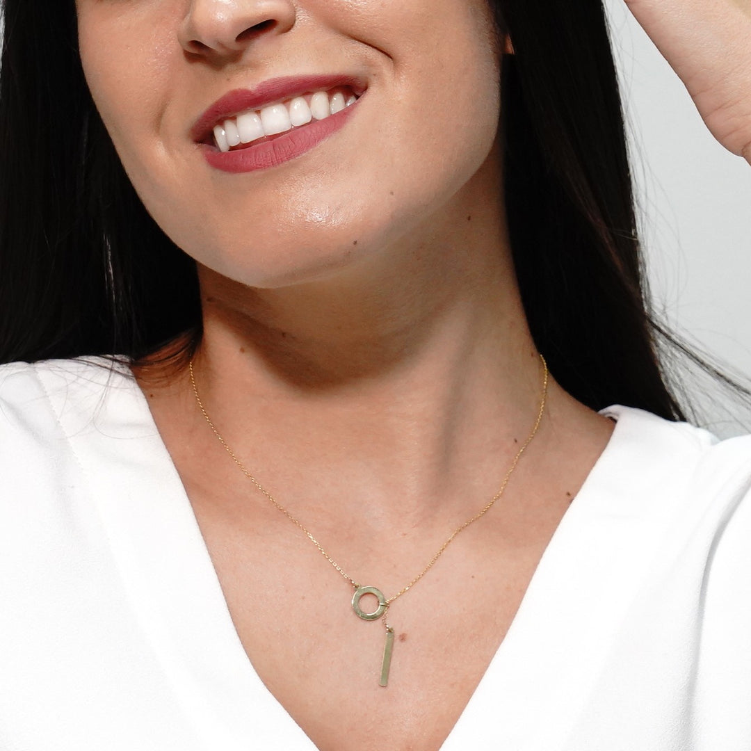 HERSHE, Circle Lariat Necklace with Dropping Bar in 14 Karat Gold