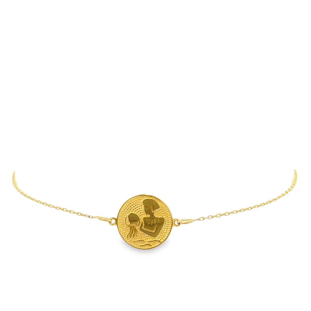 HERSHE, 14 Karat Gold Aquarius Zodiac Disc Bracelet.