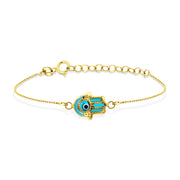 HERSHE, Evil Eye Hamsa Bracelet in 14 Karat Solid Gold.