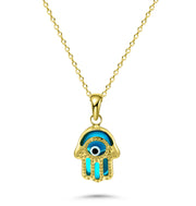 HERSHE, Blue Evil Eye Hamsa Necklace in 14 Karat Solid Gold 