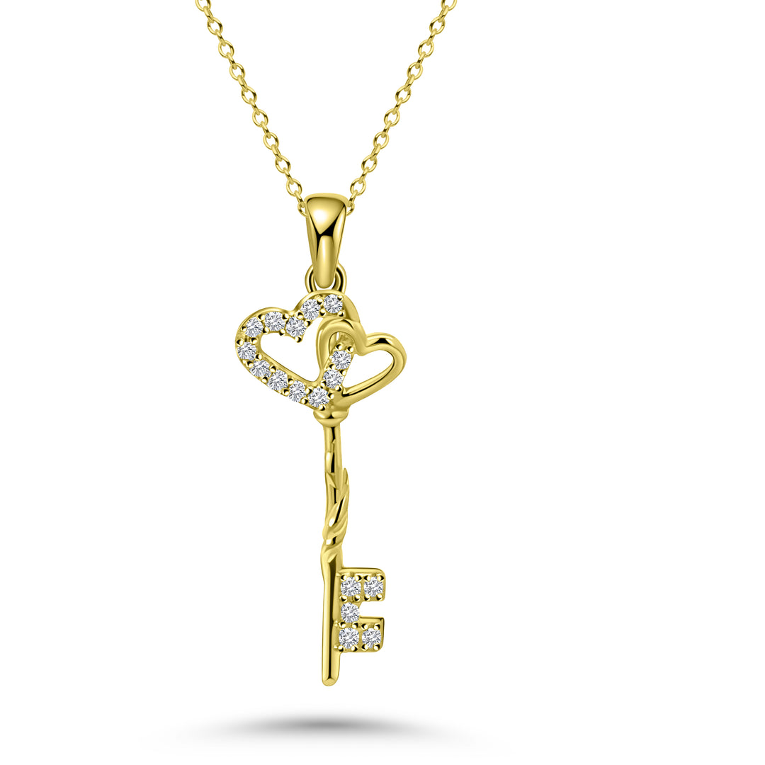 HERSHE, Double Hearts Key Necklace with CZ in 14 Karat Gold
