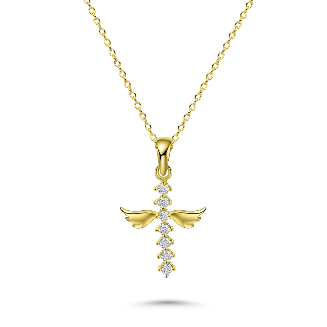 HERSHE,  Angel Cross Pendant Necklace in 14 Karat Gold.