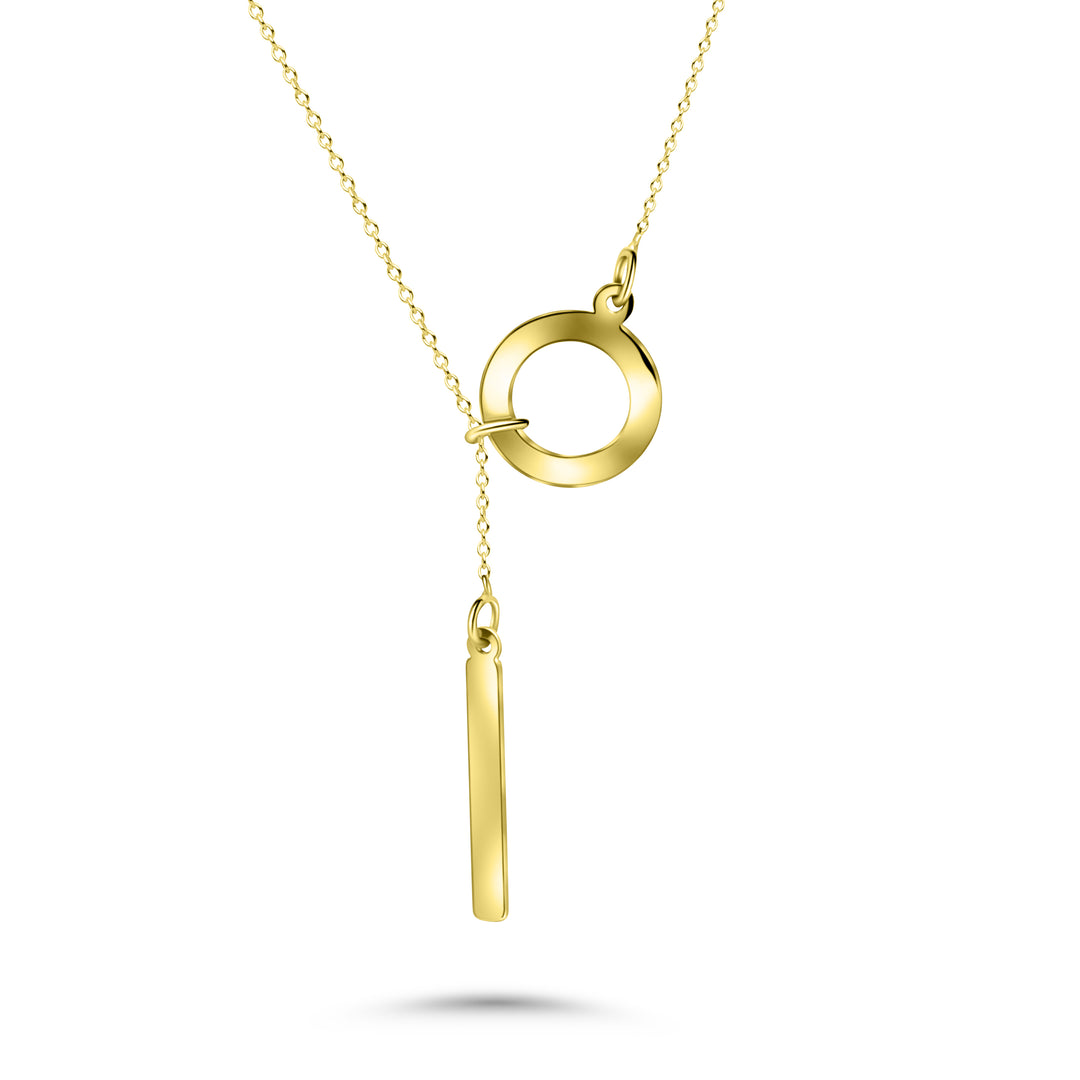 HERSHE, Circle Lariat Necklace with Dropping Bar in 14 Karat Gold 