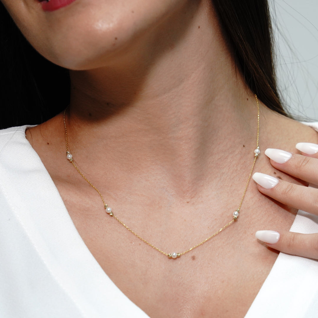 HERSHE, Pearl Beads Station Necklace in 14 Karat Gold