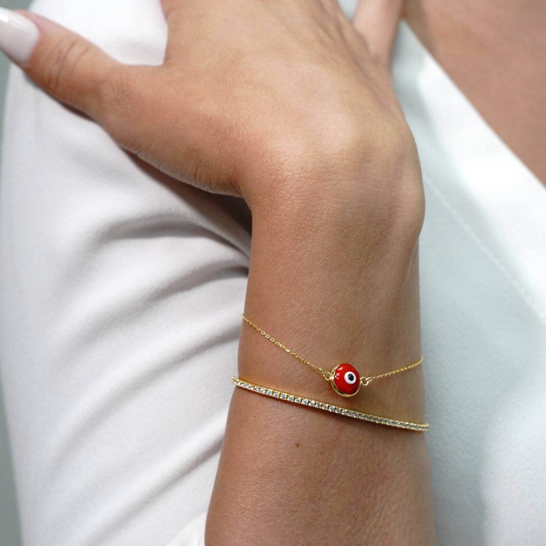 HERSHE, Evil Eye Bracelet , in Red and 14 Karat Solid Gold.