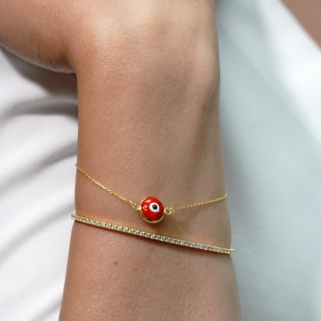 HERSHE, Evil Eye Bracelet , in Red and 14 Karat Solid Gold.