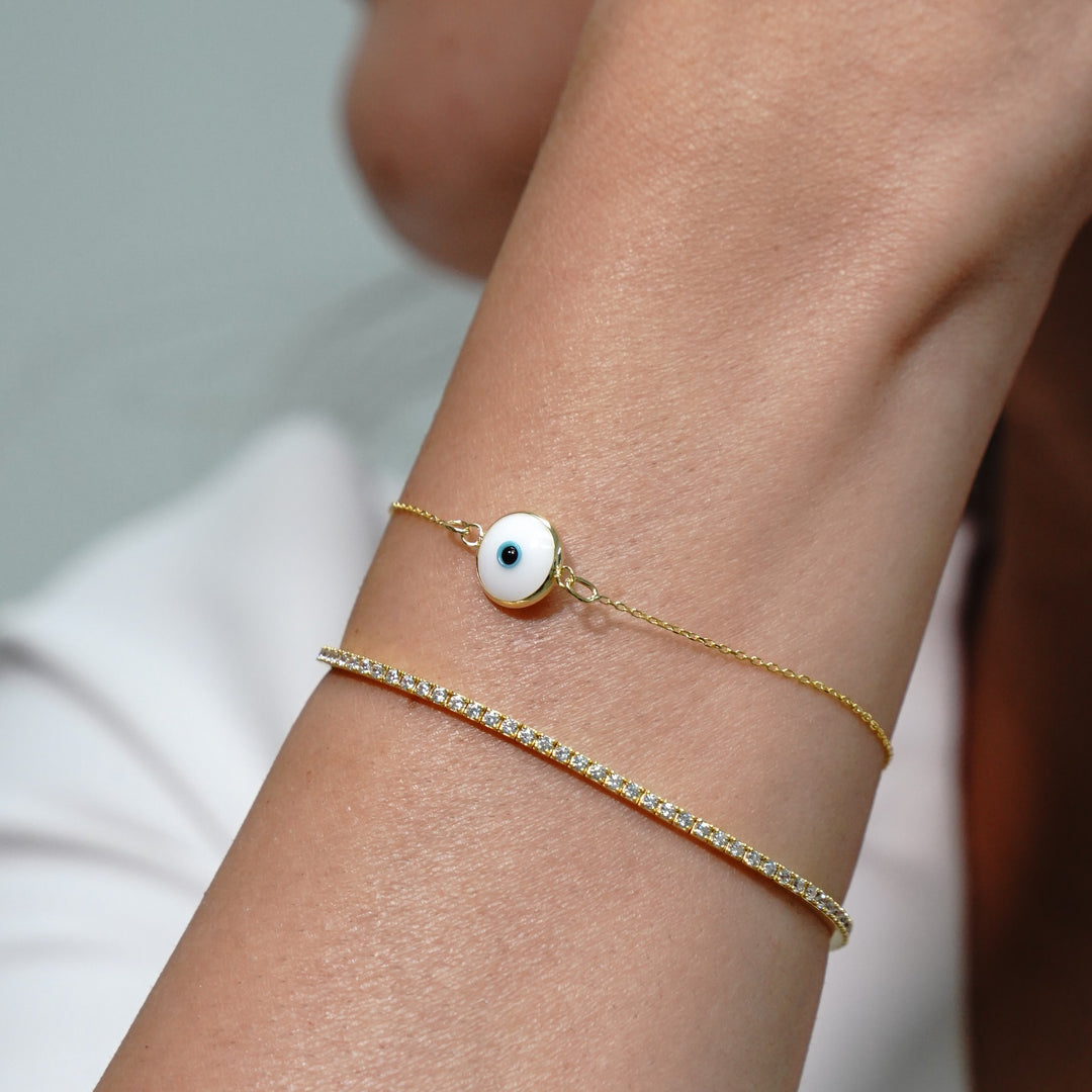 14 Karat Solid Gold White Evil Eye Bracelet