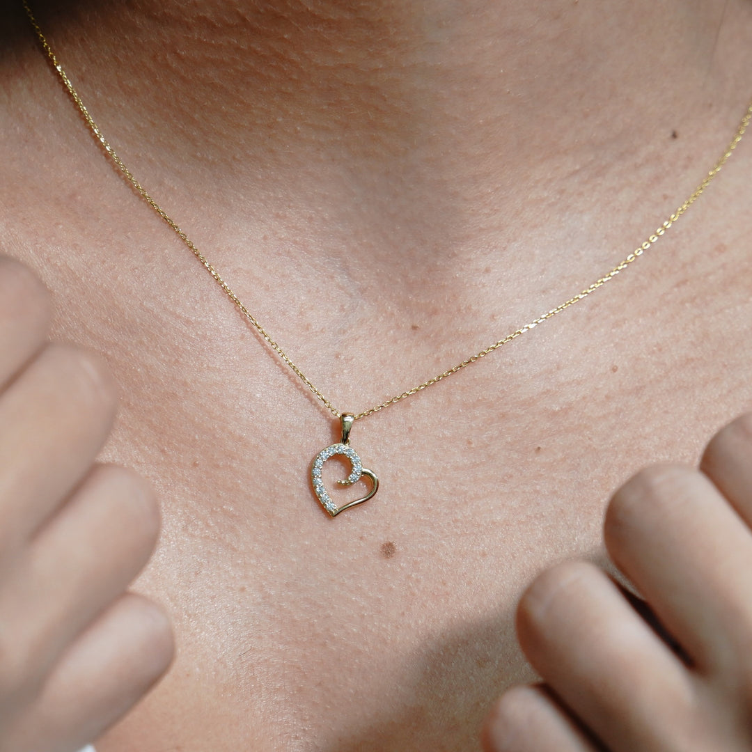 HERSHE, 14 Karat Gold, Heart Necklace with CZ.