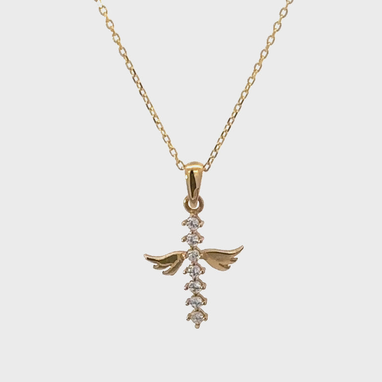 HERSHE, Angel Cross Pendant Necklace in 14 Karat Gold.