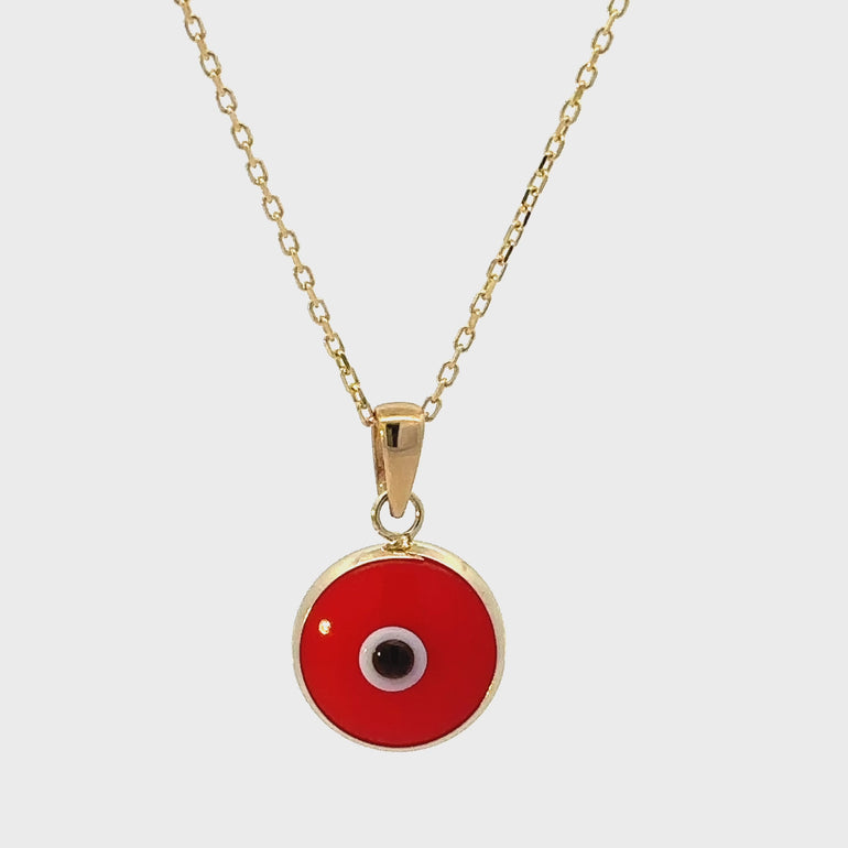 HERSHE, 14 Karat Gold Red Evil Eye Necklace.