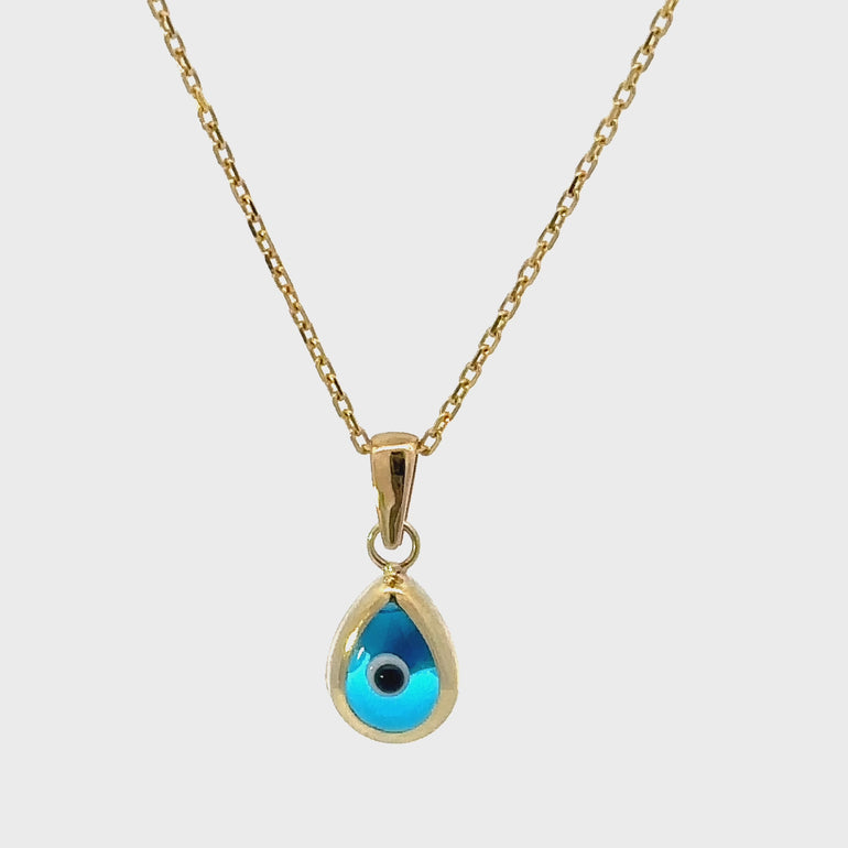 HERSHE, Drop Shaped Blue Evil Eye Necklace in 14 Karat Gold.