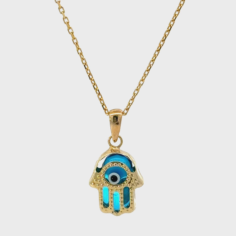 HERSHE, Blue Evil Eye Hamsa Necklace in 14 Karat Solid Gold 