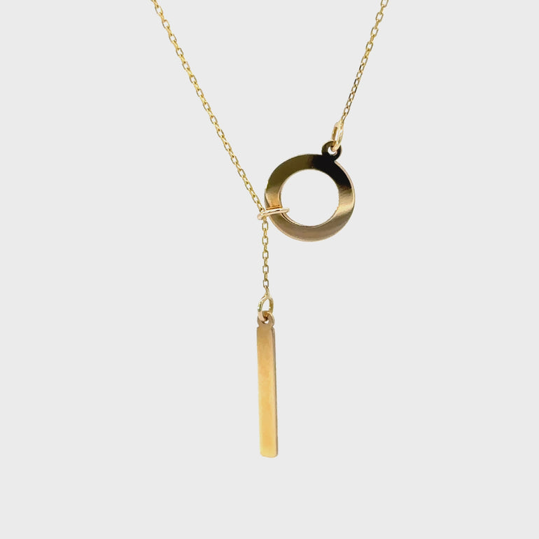 HERSHE, Circle Lariat Necklace with Dropping Bar in 14 Karat Gold