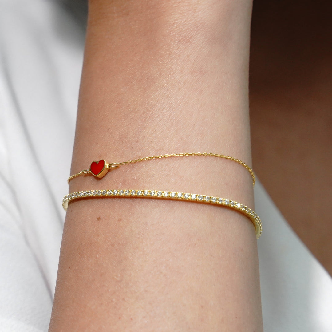 Red Enamel Heart Bracelet in 14 Karat Solid Gold